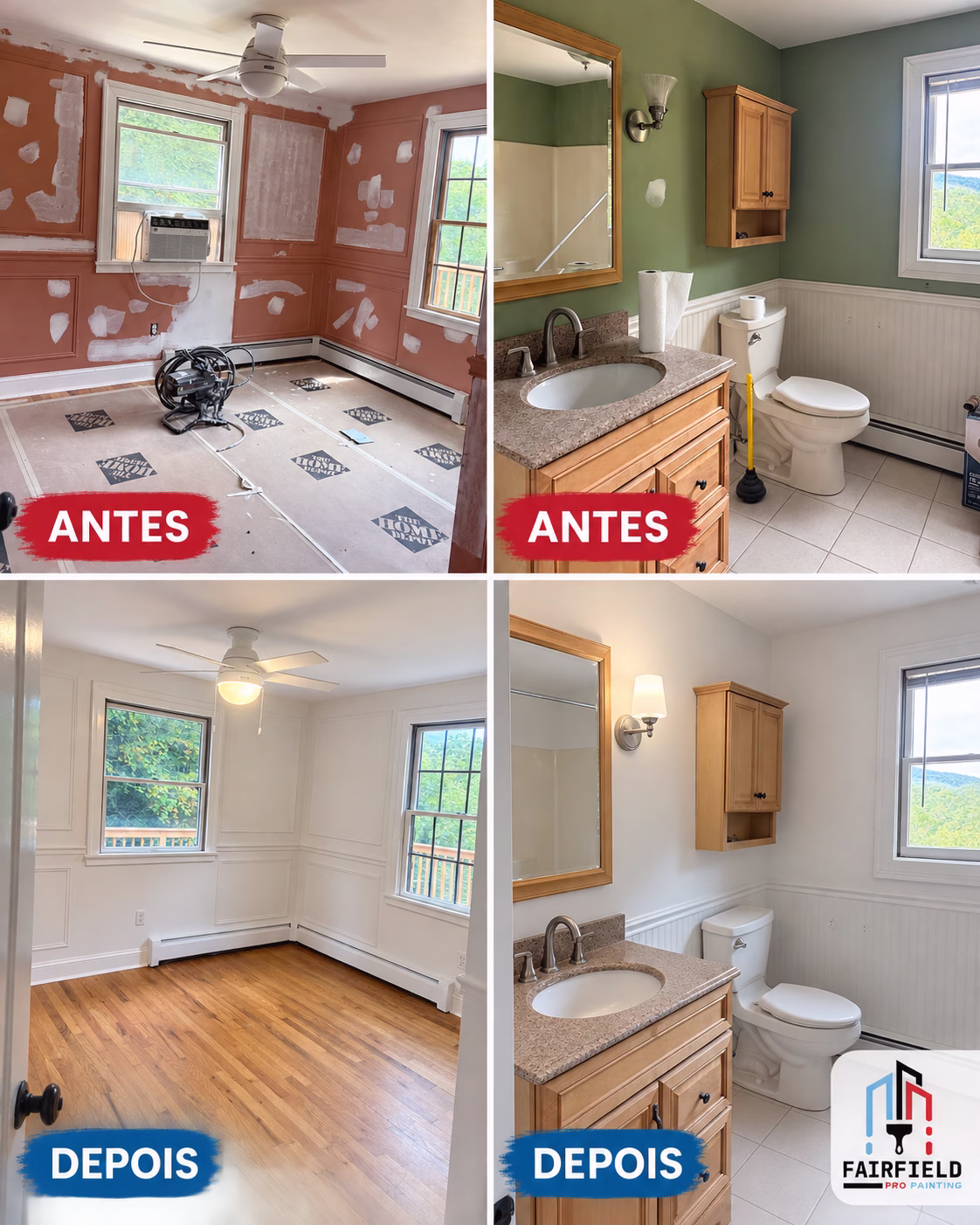 Before and after bathroom painting with Benjamin Moore Swiss Coffee in Newtown CT