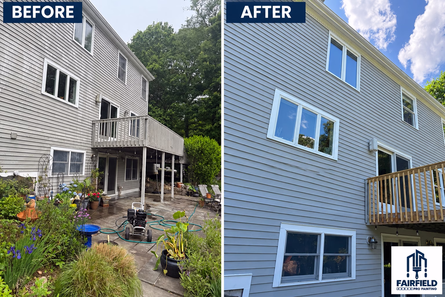 Exterior Painting in Newtown, CT: Gray Siding, White Trim & Black Front Door