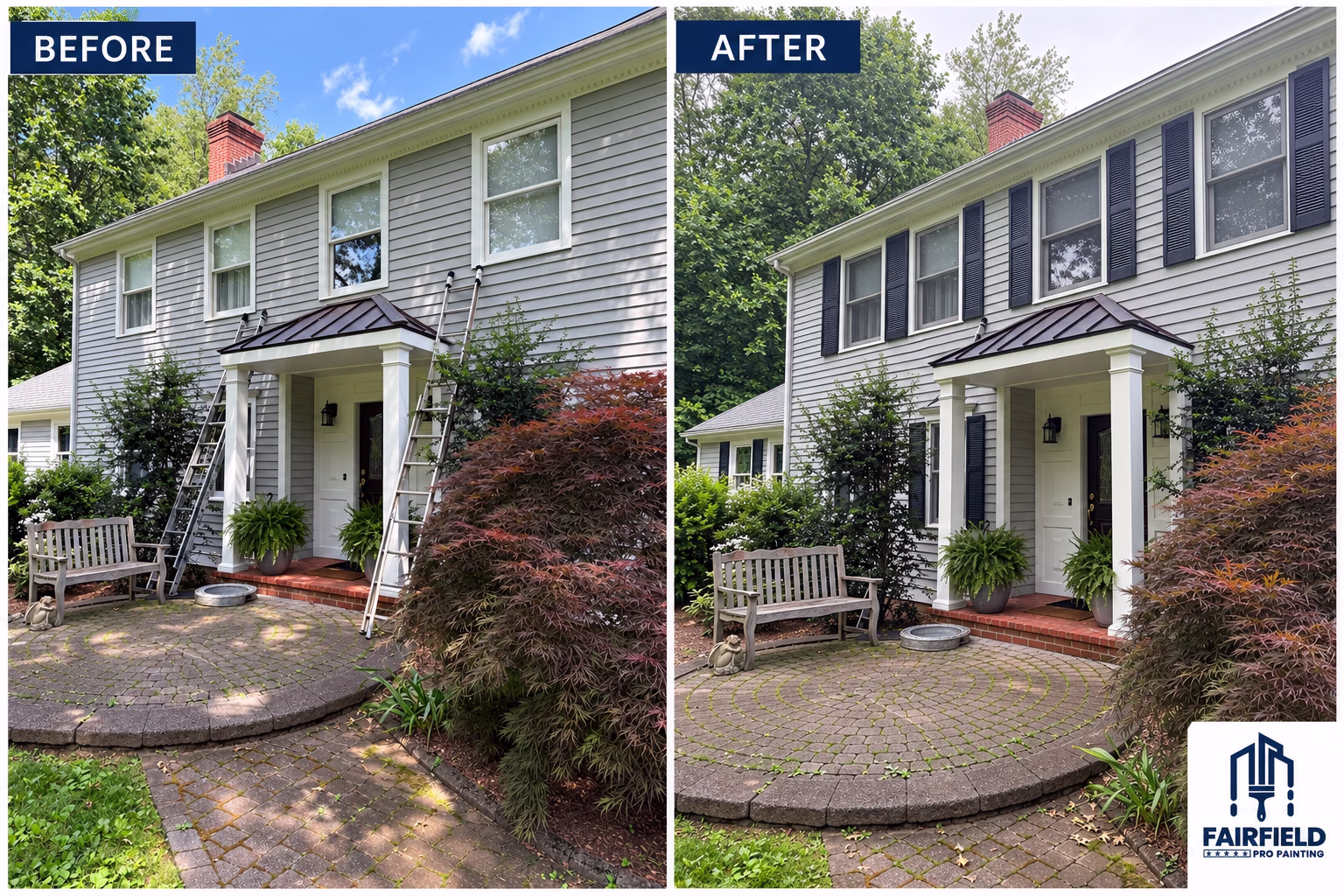 Before and after exterior painting in Newtown CT by Fairfield Pro Painting