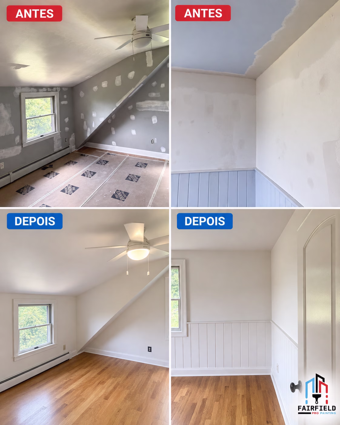 Before and after interior room painting with Benjamin Moore Swiss Coffee in Newtown CT