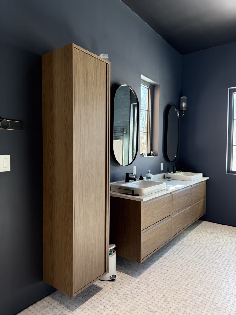 Modern bathroom with dark painted walls and ceiling in Newtown CT