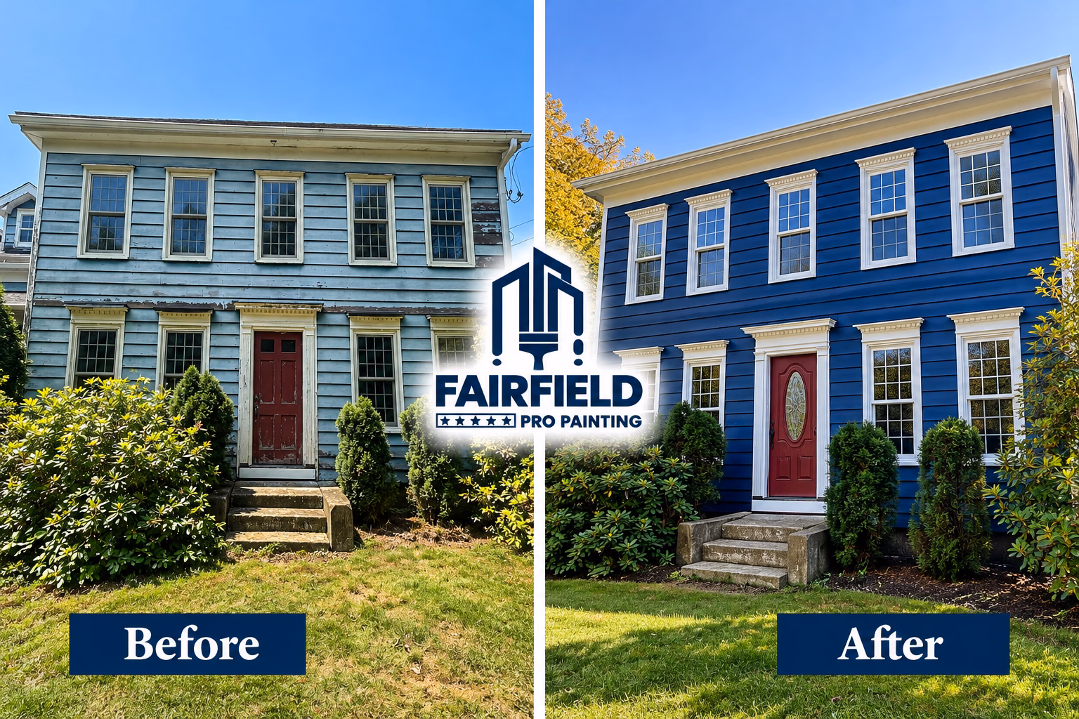 Before and after exterior house restoration and blue Benjamin Moore stain in Newtown CT
