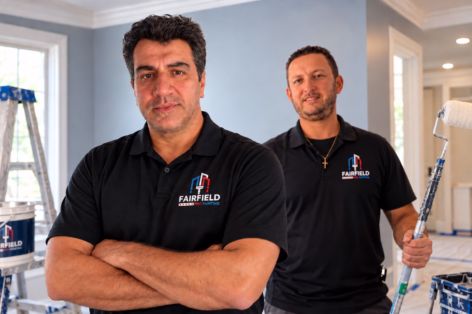 Luciano, Owner, in the foreground and Marcelo, Manager, behind him, wearing Fairfield Pro Painting polo shirts in an interior painting setting.