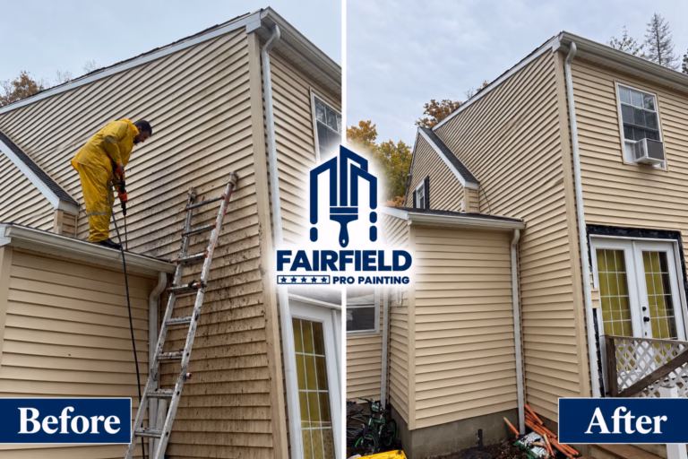 Before and after vinyl siding cleaning in Meriden CT, with the blue Fairfield Pro Painting logo centered.