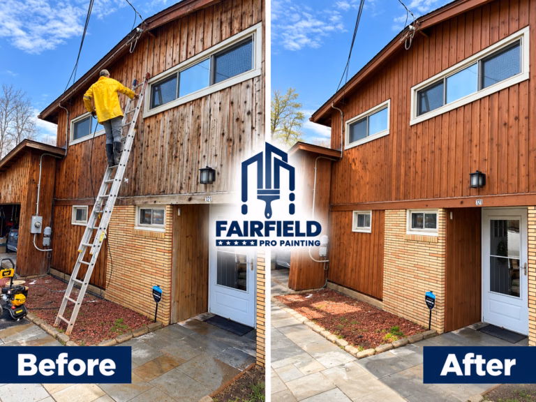 Exterior wood staining before and after in New Milford CT Fairfield Pro Painting