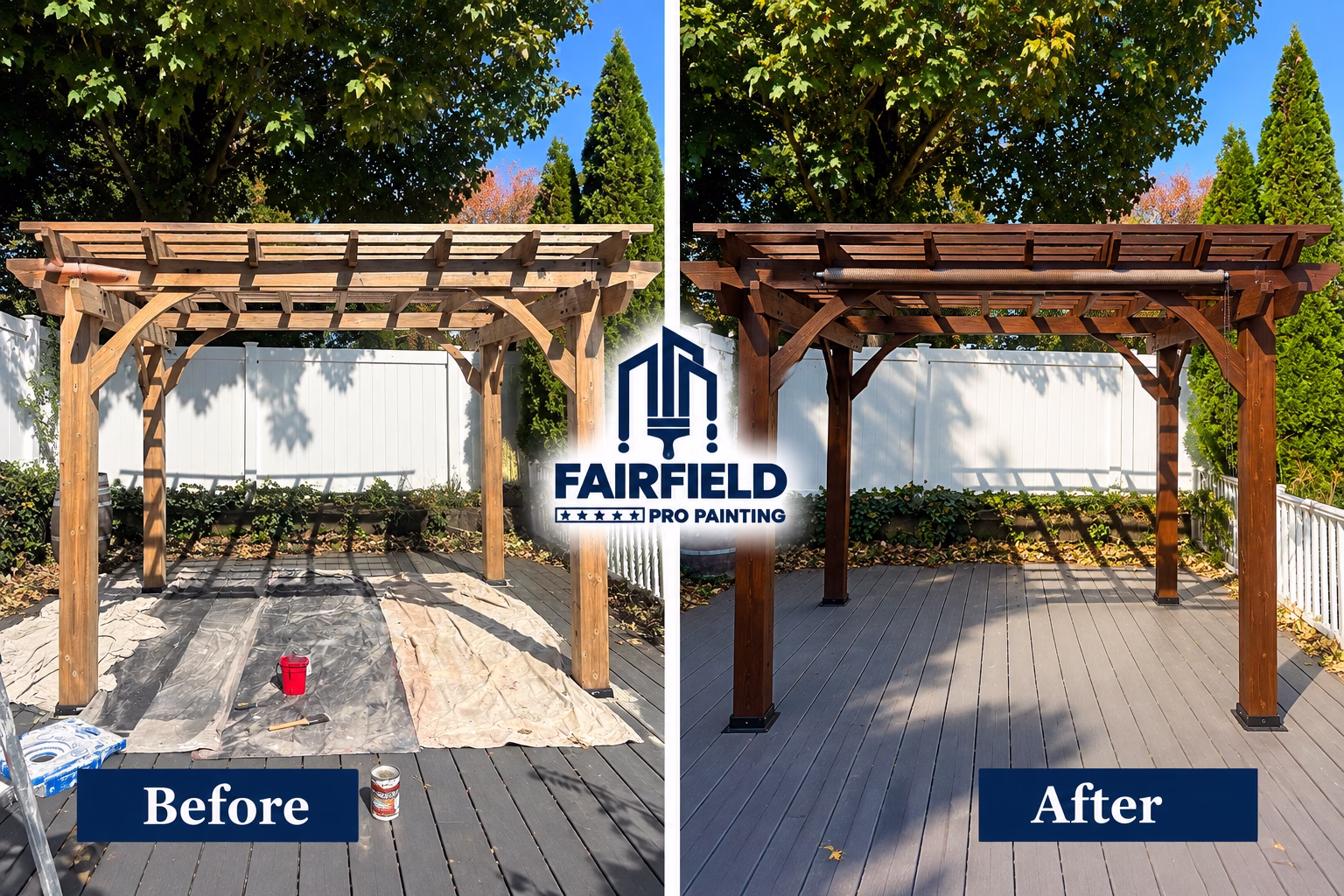 Pergola refinishing before and after in New Haven CT by Fairfield Pro Painting