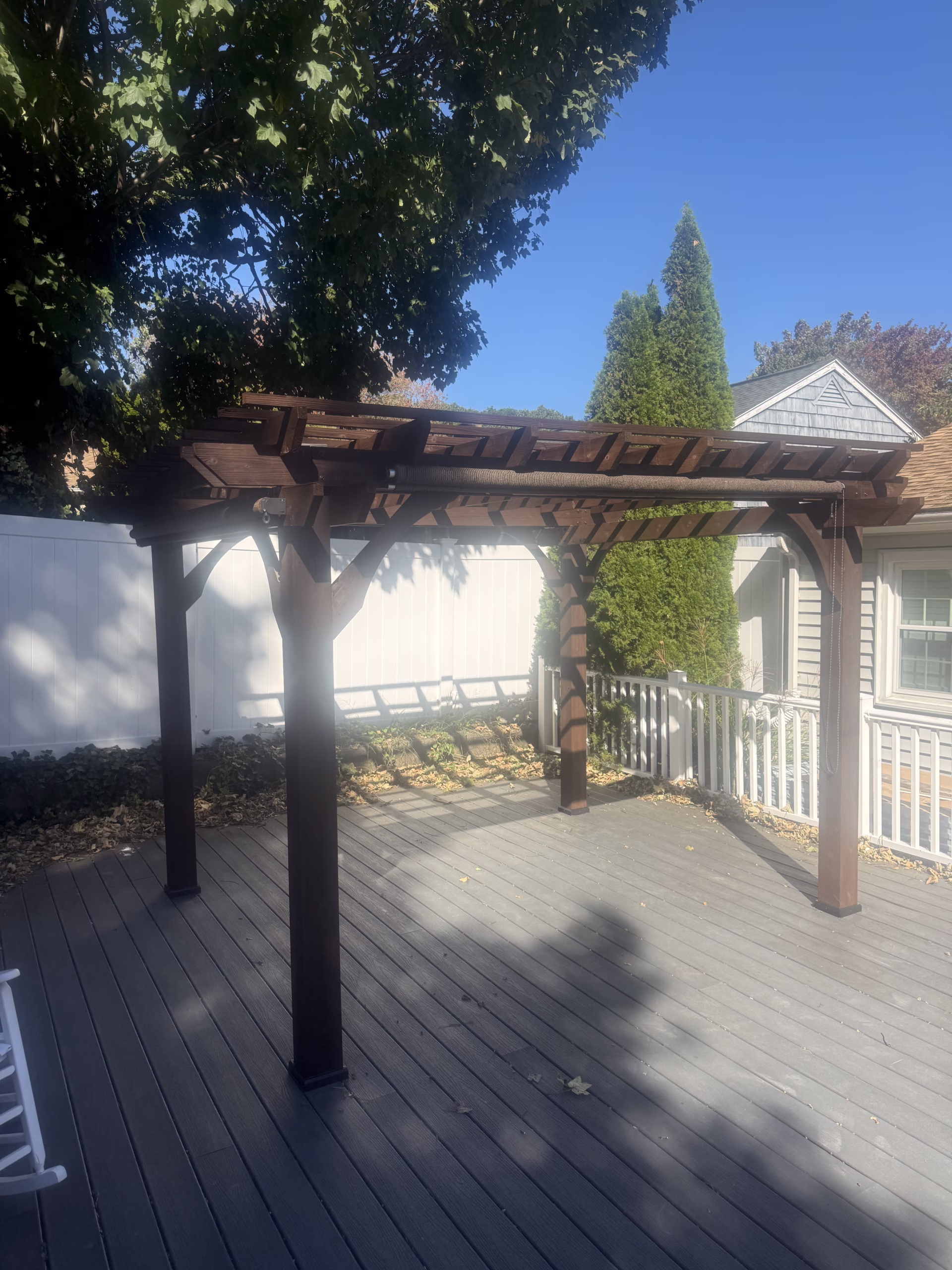 Finished pergola refinishing in New Haven CT with Dark Walnut stain and polyurethane