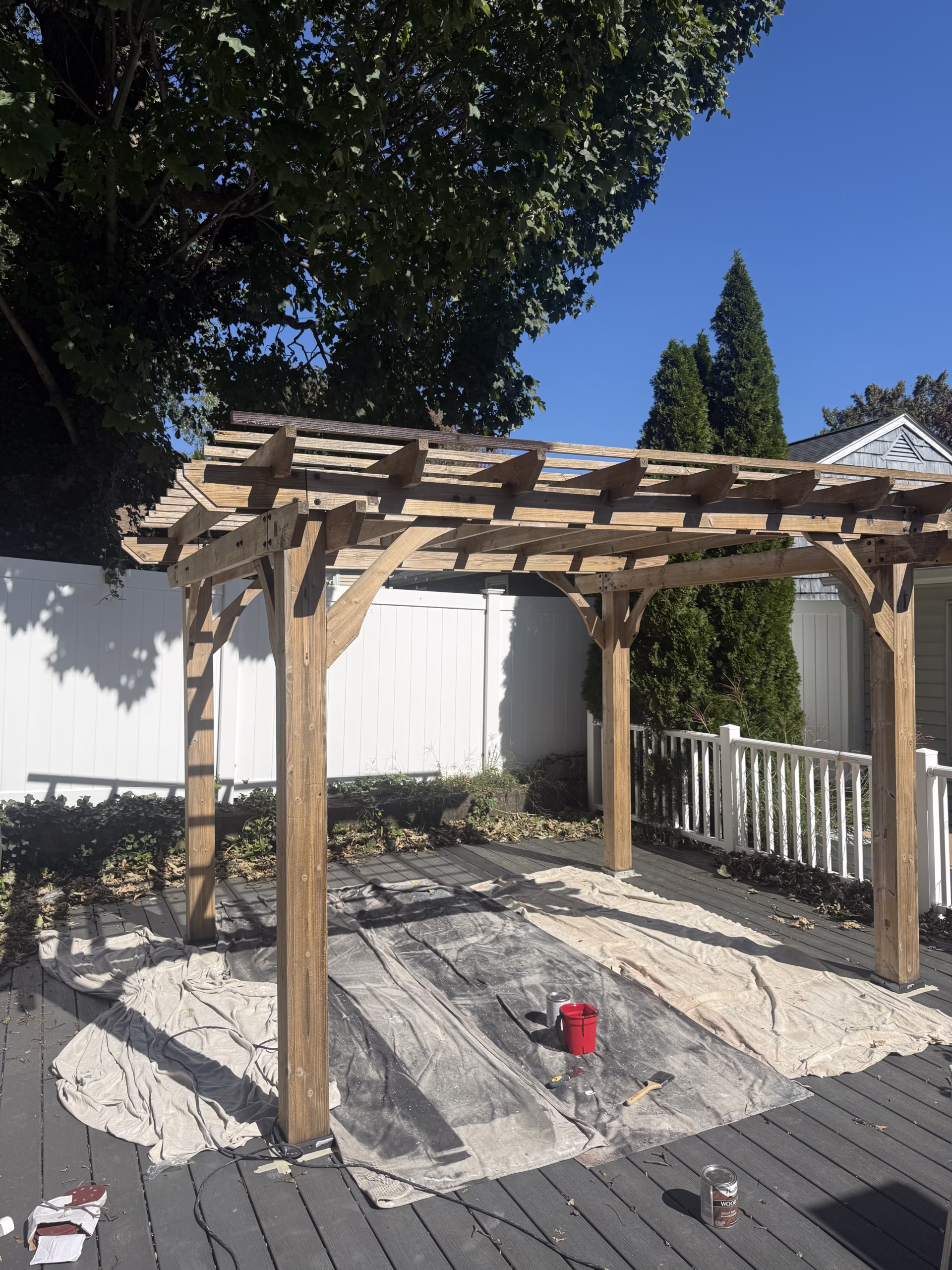 Pergola preparation and sanding before Dark Walnut staining in New Haven CT