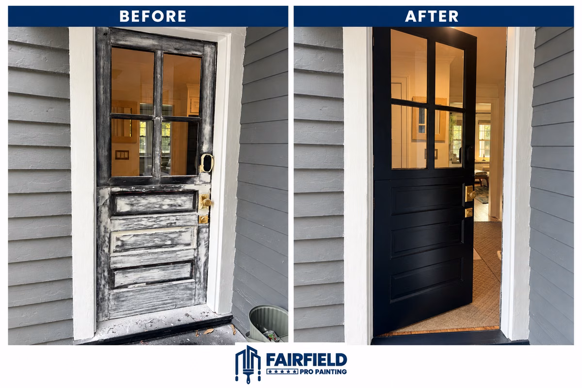 Before and after exterior door preparation and black finish painting by Fairfield Pro Painting